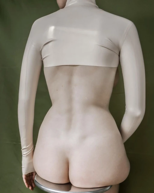 Back view of a slender adult in shiny beige latex top, sitting on a metal stool in front of an olive-green backdrop, medium shot.