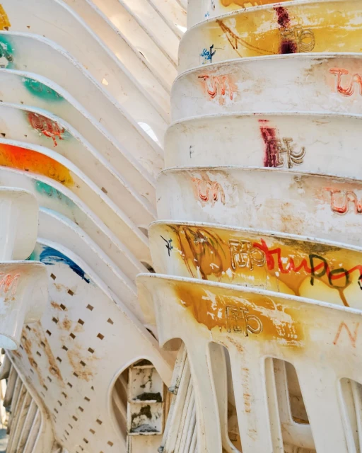 Stacked white plastic chairs with colorful graffiti create an abstract pattern, perfect for backgrounds or design elements in urban settings.