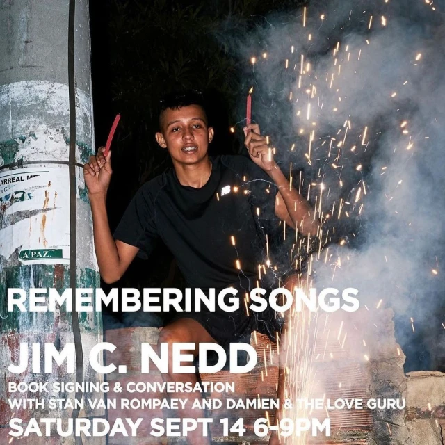 Person with sparklers poses for event poster for Jim C. Nedd's 'Remembering Songs' book signing on Saturday, Sept 14, 6-9PM.