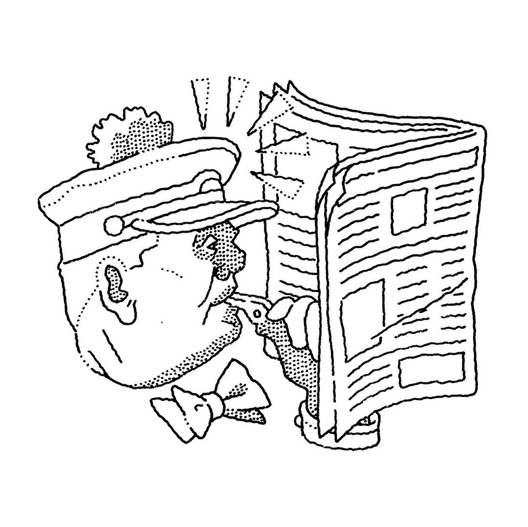 Illustration of a cartoon man in a cap blowing a whistle while reading a newspaper with geometric shapes surrounding him. Line art.