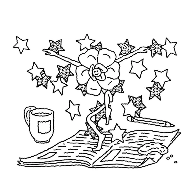 Black and white drawing of a flower-headed figure standing on an open newspaper with stars, coffee, cookie, and pencil in illustration.