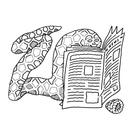 Anthropomorphic snake-like figure reads newspaper with a raspberry beside it in this black and white illustration with fine line detail.