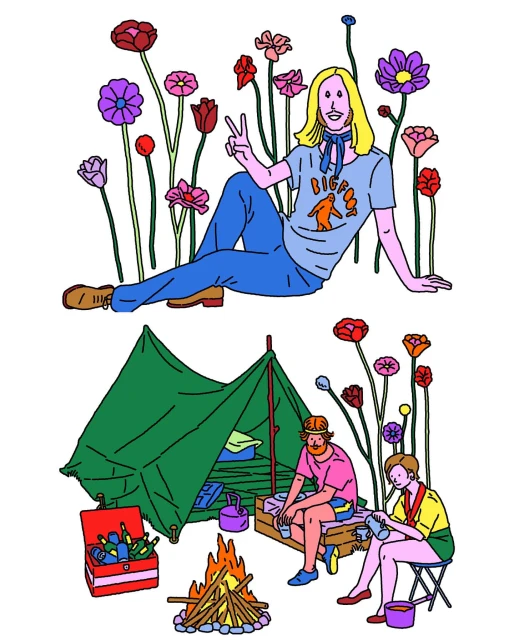 Whimsical illustration features a person sitting among flowers and a camping scene with two people, a tent, and a campfire.