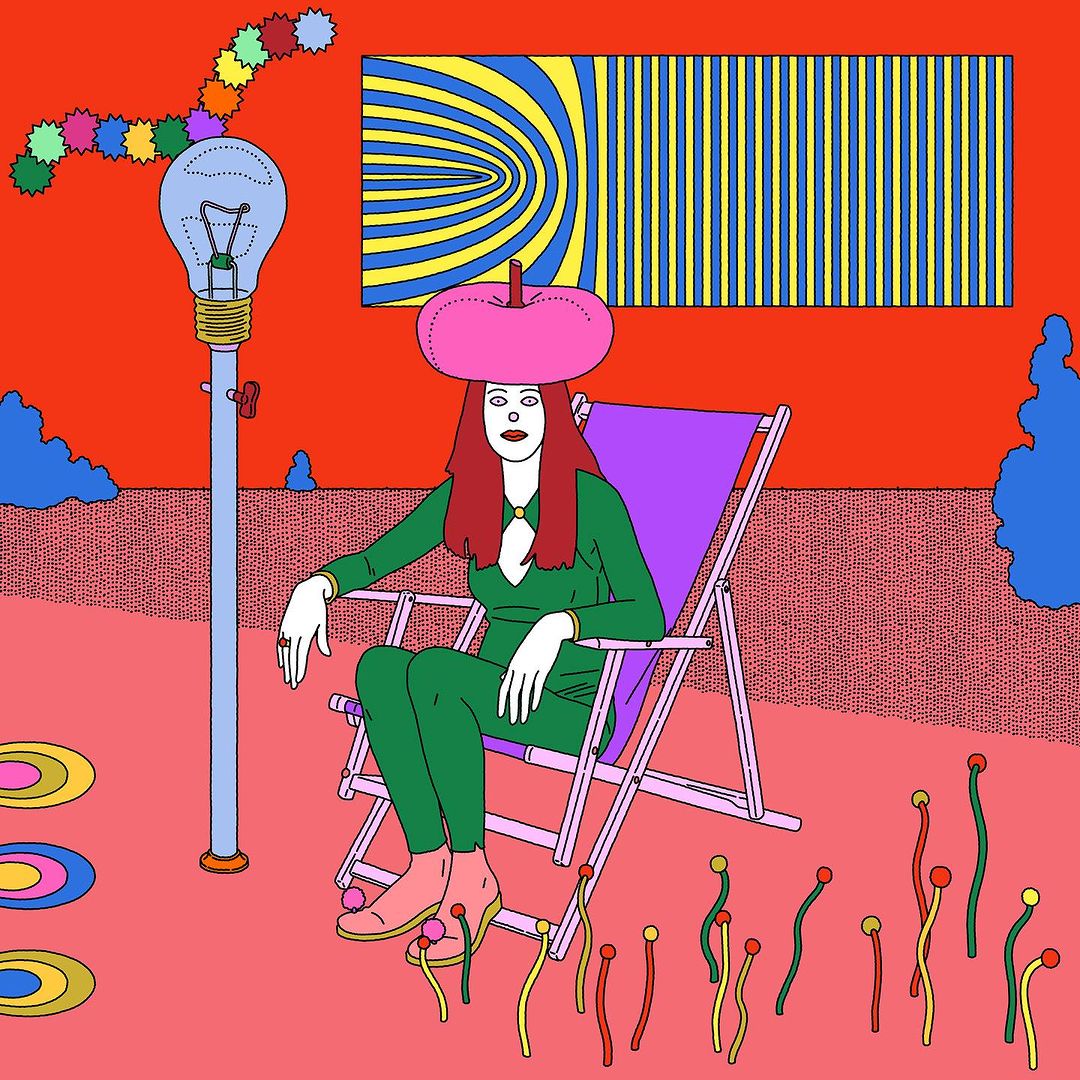 Illustration of woman seated in a beach chair, wearing a green suit and pink hat, with a lightbulb lamp and colorful background.