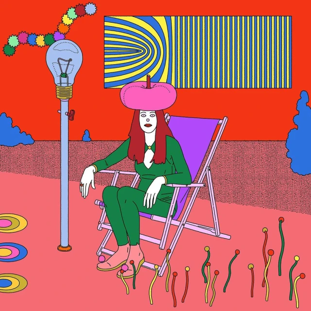 Illustration of woman seated in a beach chair, wearing a green suit and pink hat, with a lightbulb lamp and colorful background.