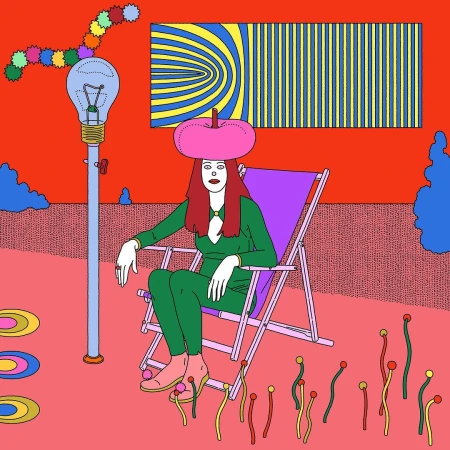 Illustration of woman seated in a beach chair, wearing a green suit and pink hat, with a lightbulb lamp and colorful background.