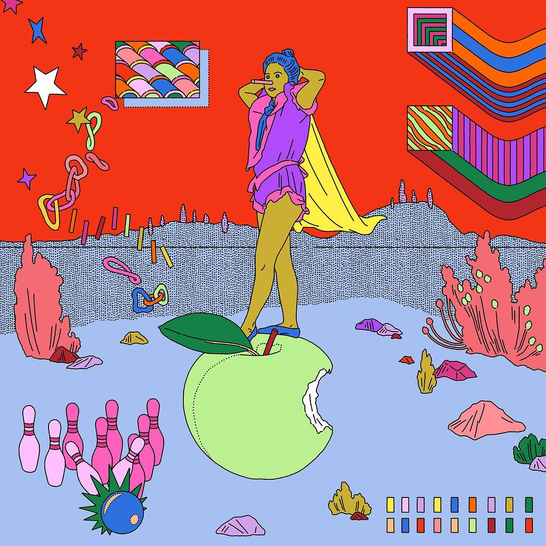 Whimsical digital artwork featuring a woman with blue hair standing on a green apple, surrounded by bowling pins and colorful abstract elements.