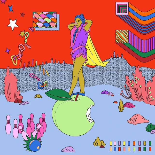 Whimsical digital artwork featuring a woman with blue hair standing on a green apple, surrounded by bowling pins and colorful abstract elements.
