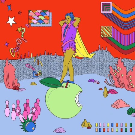 Whimsical digital artwork featuring a woman with blue hair standing on a green apple, surrounded by bowling pins and colorful abstract elements.
