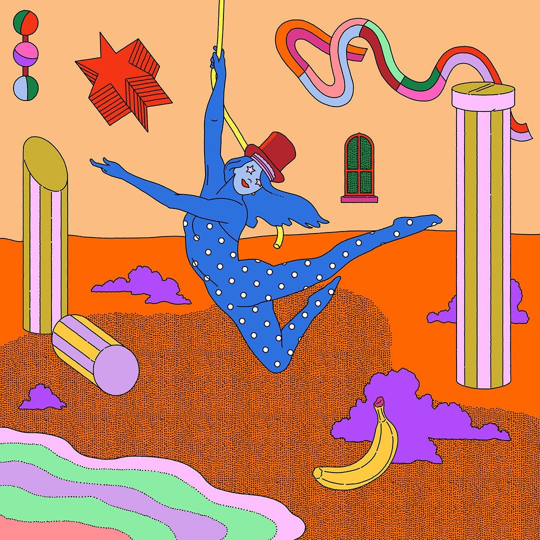 Illustrated acrobat in blue and white polka-dots hangs from rope above a patterned landscape with colorful objects and textures. 