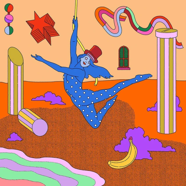 Illustrated acrobat in blue and white polka-dots hangs from rope above a patterned landscape with colorful objects and textures. 