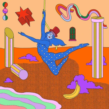 Illustrated acrobat in blue and white polka-dots hangs from rope above a patterned landscape with colorful objects and textures. 