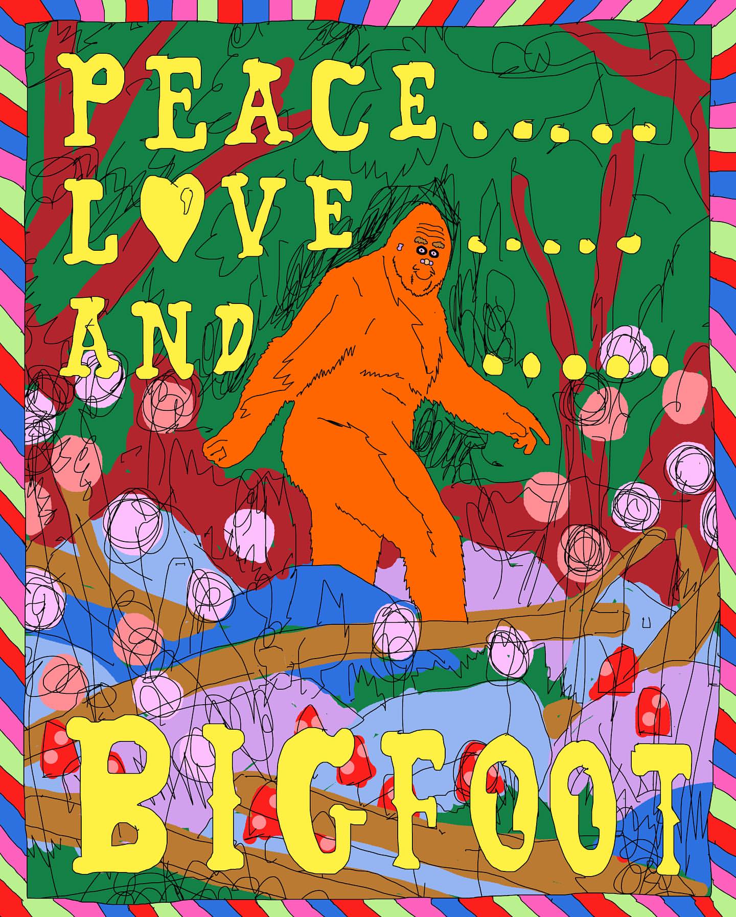 Illustration of a Bigfoot-like figure in an orange hue amidst a whimsical forest scene, accented with psychedelic colors and typography.