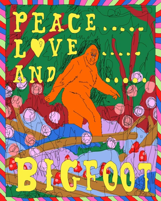 Illustration of a Bigfoot-like figure in an orange hue amidst a whimsical forest scene, accented with psychedelic colors and typography.