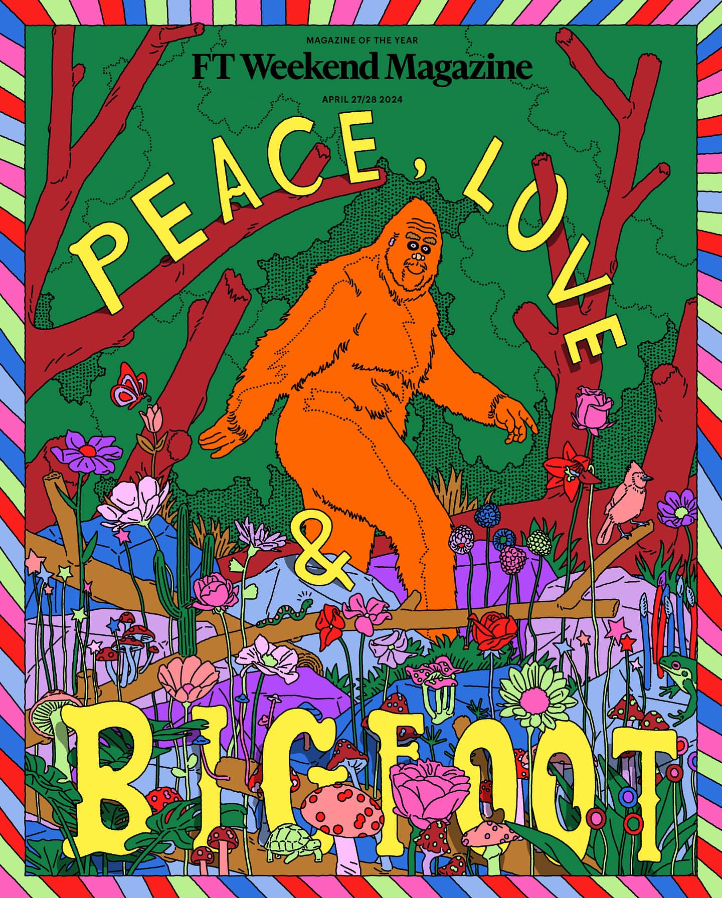 Illustration of bigfoot with surrounding nature elements. Text reads: 'Peace, Love & Bigfoot'. Colorful design in green, orange, and yellow.