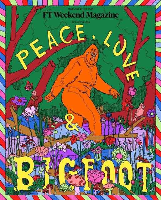 Illustration of bigfoot with surrounding nature elements. Text reads: 'Peace, Love & Bigfoot'. Colorful design in green, orange, and yellow.