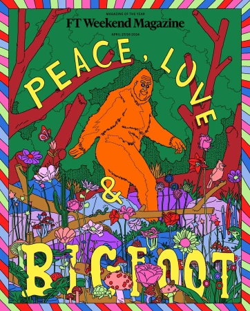 Illustration of bigfoot with surrounding nature elements. Text reads: 'Peace, Love & Bigfoot'. Colorful design in green, orange, and yellow.