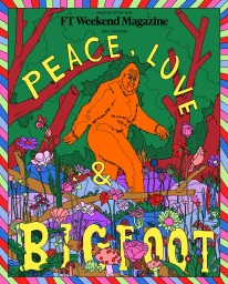 Colorful illustration of Bigfoot walking through a forest filled with flowers and mushrooms by Jim Stoten.