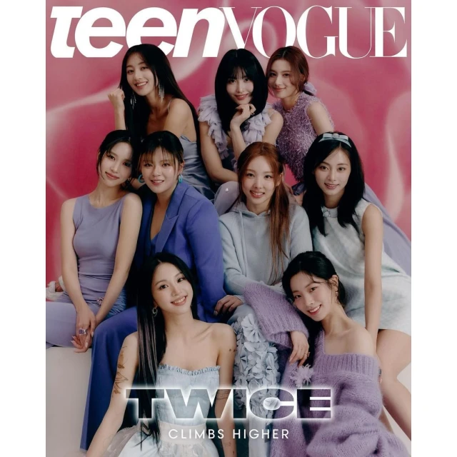 Teen Vogue cover featuring nine Asian women posing in pastel-colored outfits, smiling, and styled for a fashion editorial.
