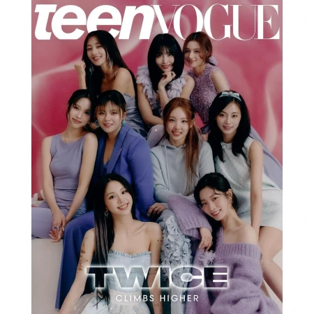 Teen Vogue cover featuring nine Asian women posing in pastel-colored outfits, smiling, and styled for a fashion editorial.