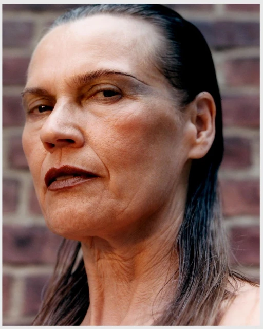 Close-up portrait of a mature adult female with gray hair and dark lipstick, against a blurred red brick wall background in natural light.