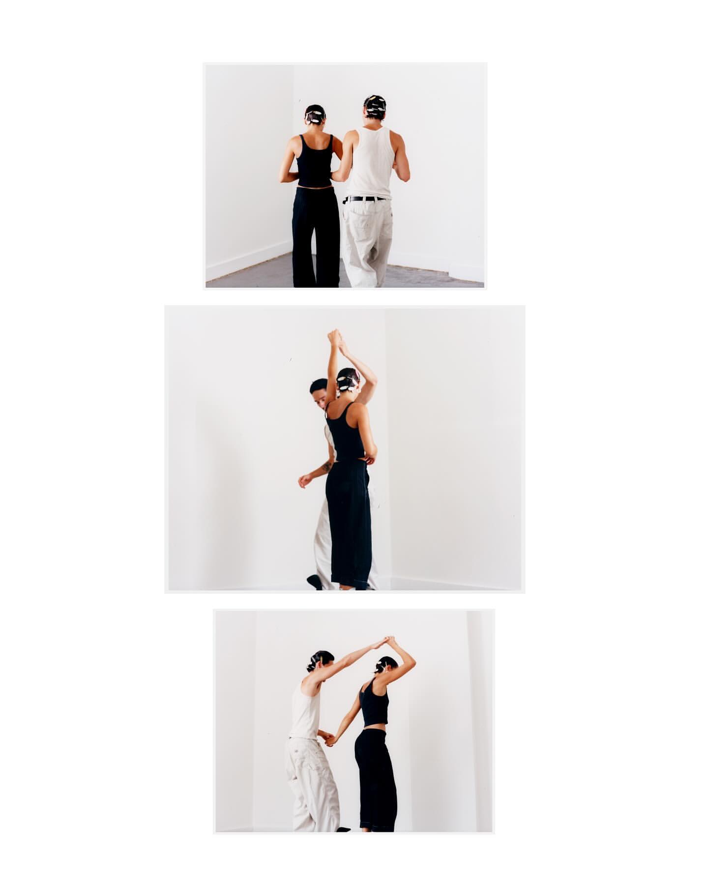 Three stacked images of a couple in tank tops and pants; one is facing away, one is hugging, and one is holding hands in a studio.