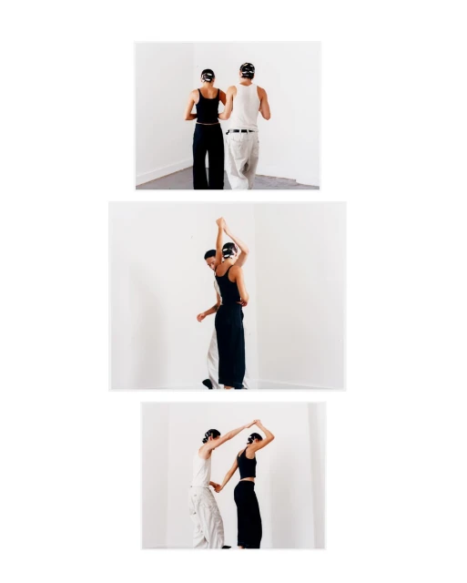 Three stacked images of a couple in tank tops and pants; one is facing away, one is hugging, and one is holding hands in a studio.