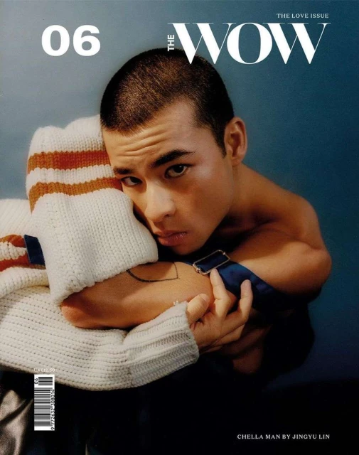 Magazine cover featuring a model wearing a sweater, the cover of "The Wow" magazine, and the text "The Love Issue."