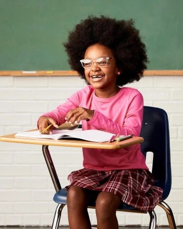A cheerful young Black girl wearing glasses sits at a school desk in a classroom, smiling with an open notebook and pencil in hand.