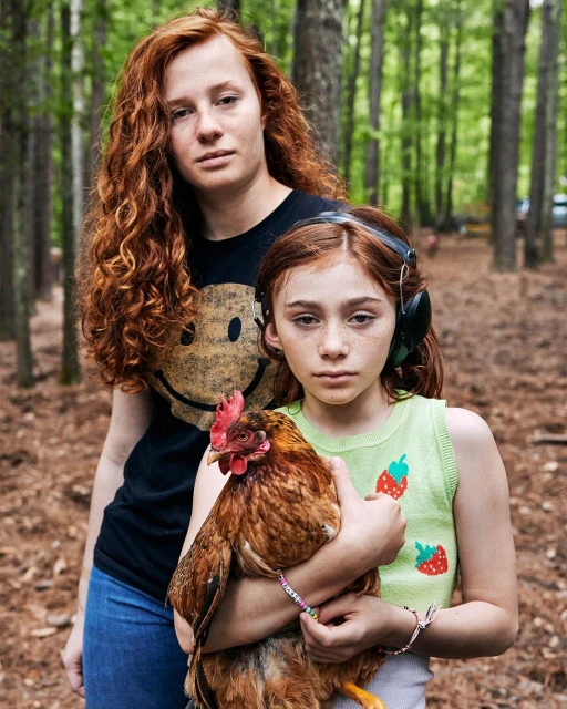 Two girls, one holding a brown hen, pose in a wooded area. One girl wears headphones, the other a t-shirt with a smiley face.