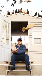 An older Black man holding a pigeon sitting on steps outside a tan shed surrounded by flock of pigeons.