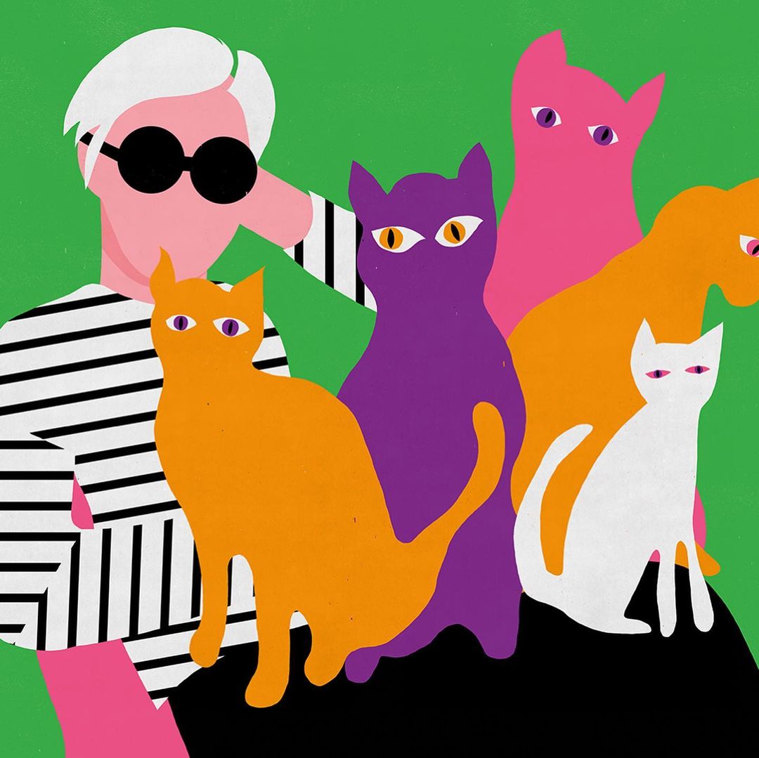 Pop art illustration of a fair-skinned adult with several colorful stylized cats on a green background with a black base.