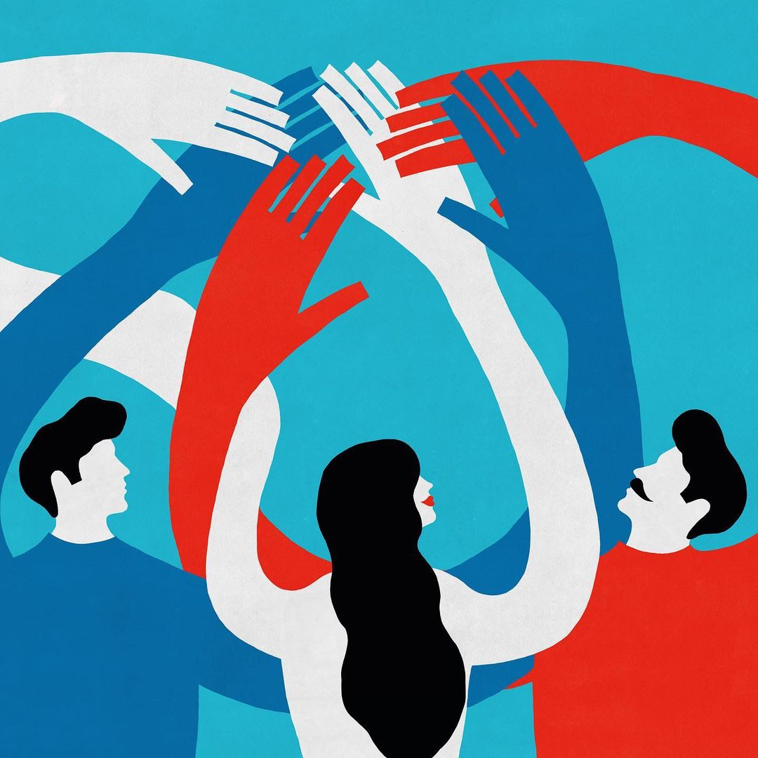 Stylized illustration of several figures with raised hands in blue, red, and white against a light blue background, symbolizing unity.