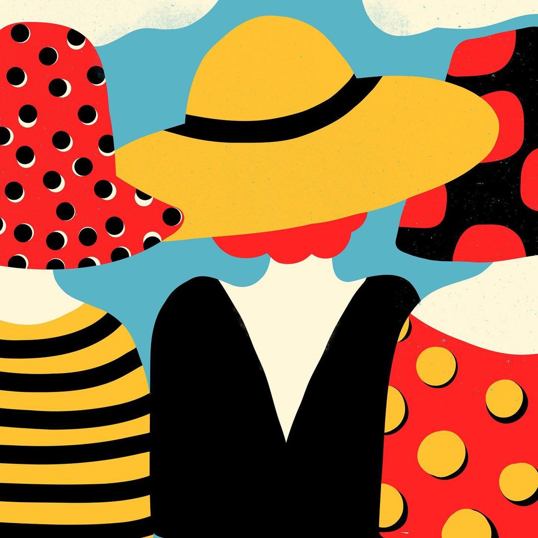 Illustration of people wearing fashionable summer outfits, including polka dot patterns, stripes, and solid colors, set against a light blue backdrop.
