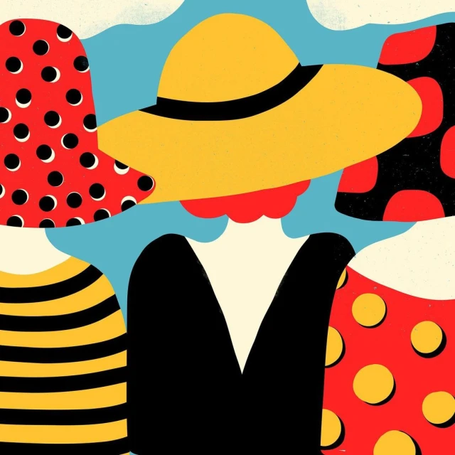 Illustration of people wearing fashionable summer outfits, including polka dot patterns, stripes, and solid colors, set against a light blue backdrop.
