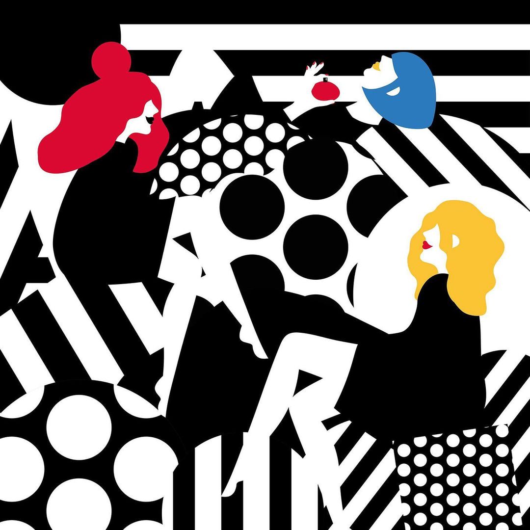 Stylized graphic art with two women in black outfits, red and yellow hair, against a polka dot and stripe patterned background.