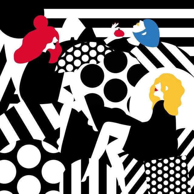 Stylized graphic art with two women in black outfits, red and yellow hair, against a polka dot and stripe patterned background.