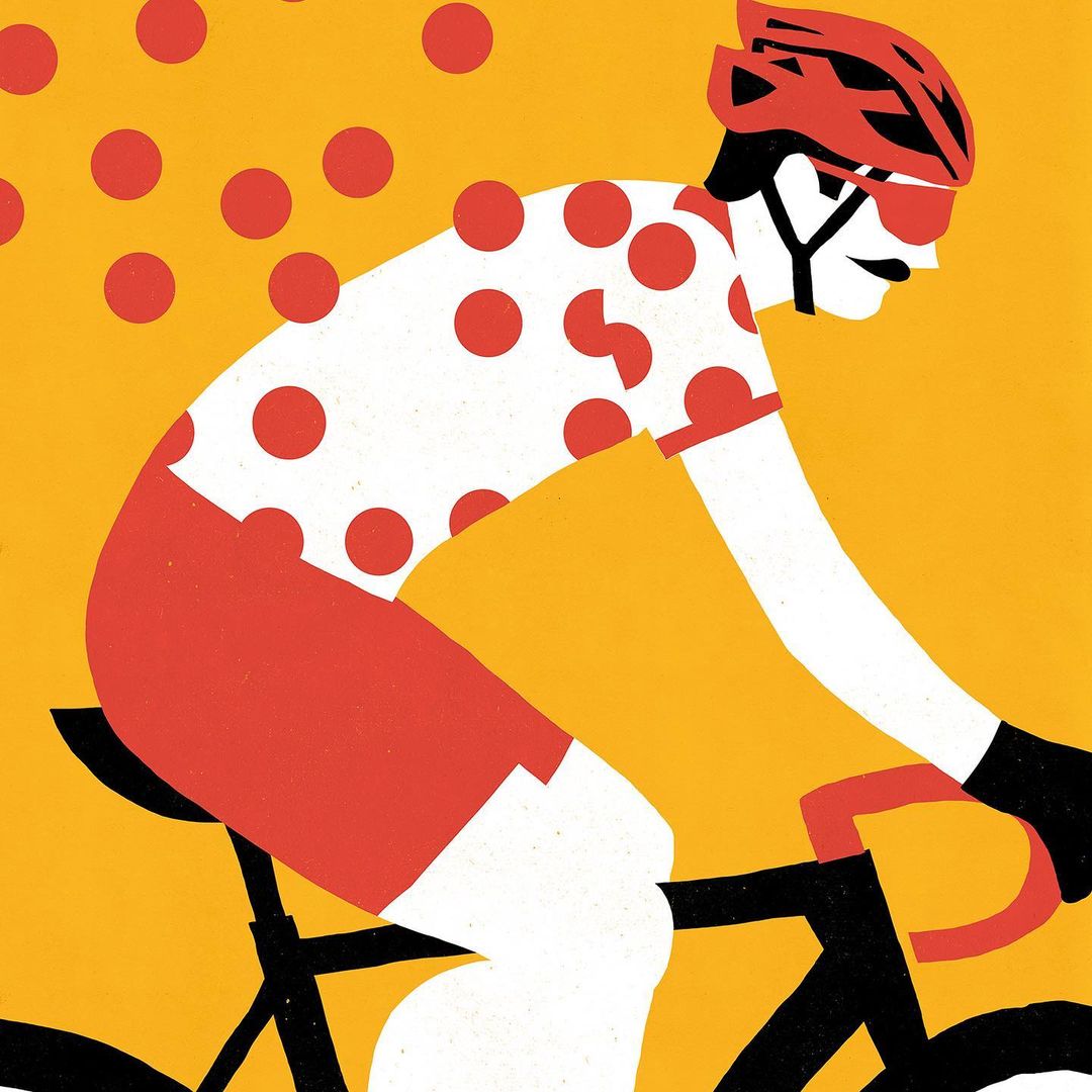 Illustration of a cyclist wearing a polka dot jersey and red helmet riding a bicycle against an orange background with polka dots.