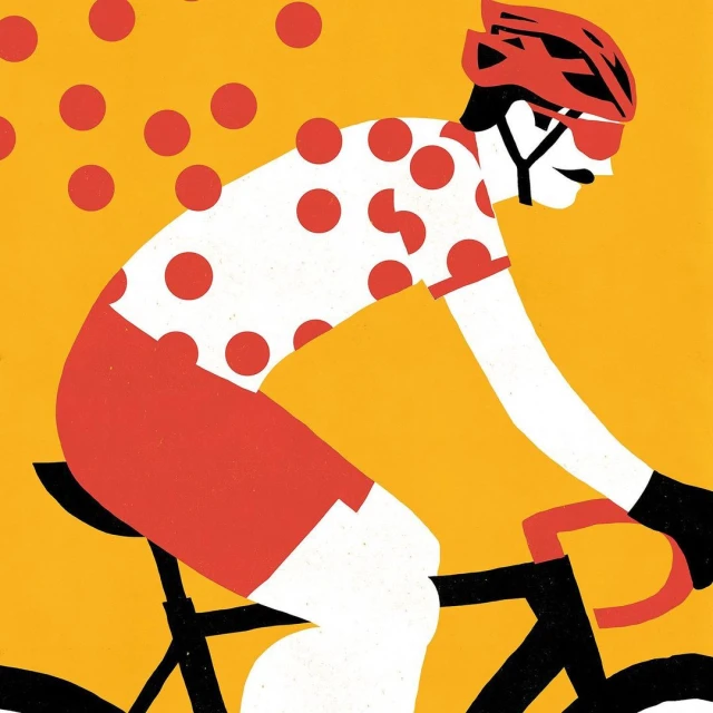 Illustration of a cyclist wearing a polka dot jersey and red helmet riding a bicycle against an orange background with polka dots.