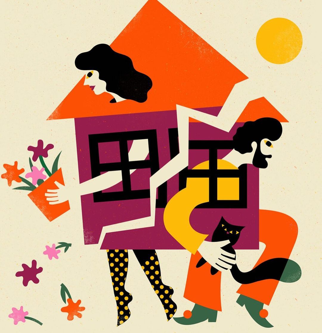 Stylized illustration of a woman, man, and cat emerging from a colorful house with a sun in the background, evoking themes of home and family.
