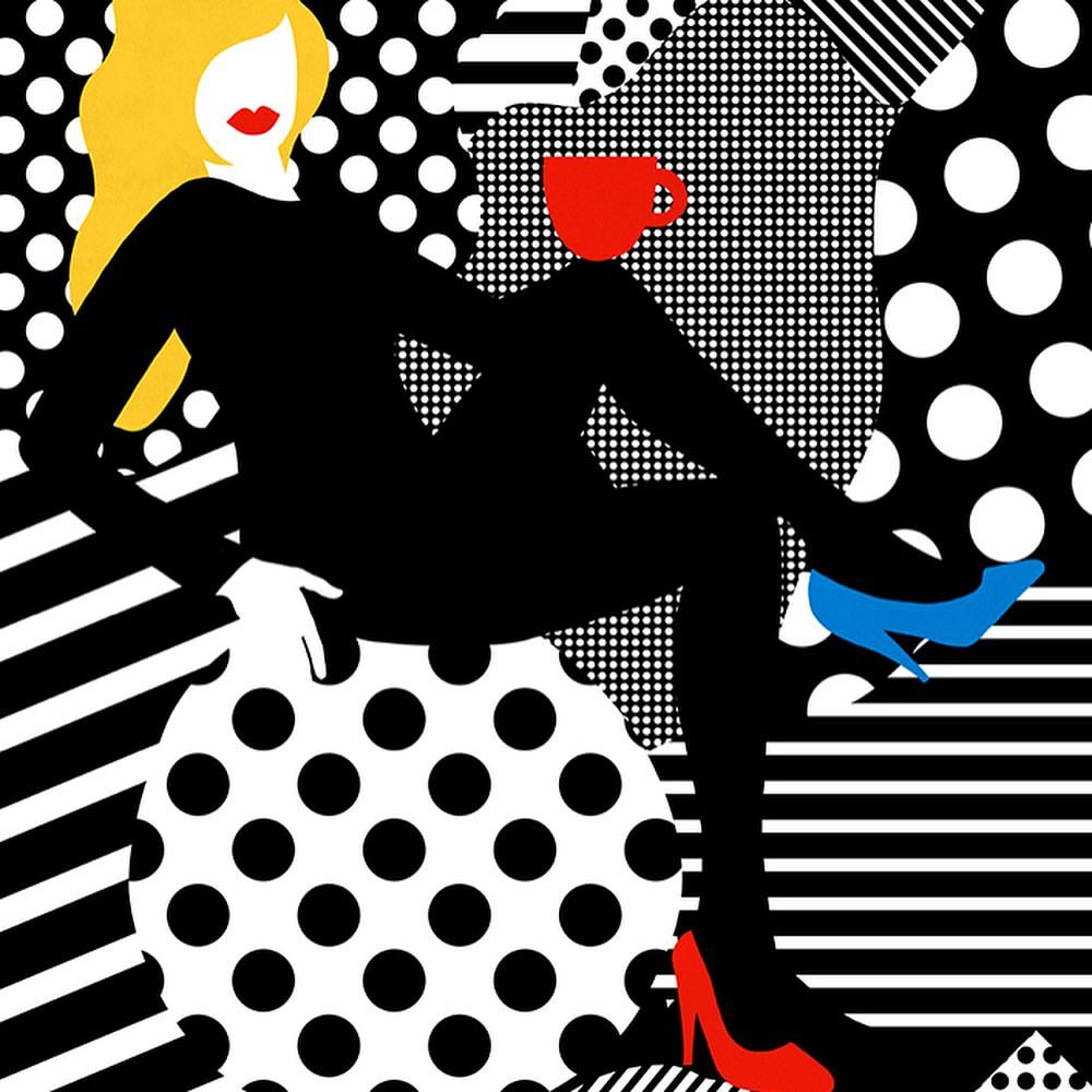 Illustration of a woman in black outfit, seated with a red cup, against a patterned background of polka dots and stripes.