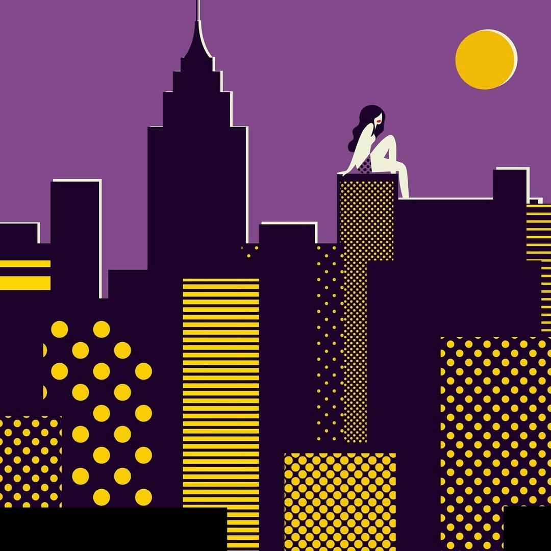 Illustration of a woman sitting on a stylized rooftop overlooking a cityscape at night, bathed in the moonlight of a full moon.