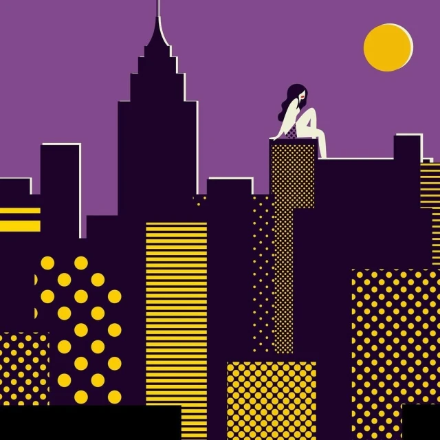 Illustration of a woman sitting on a stylized rooftop overlooking a cityscape at night, bathed in the moonlight of a full moon.