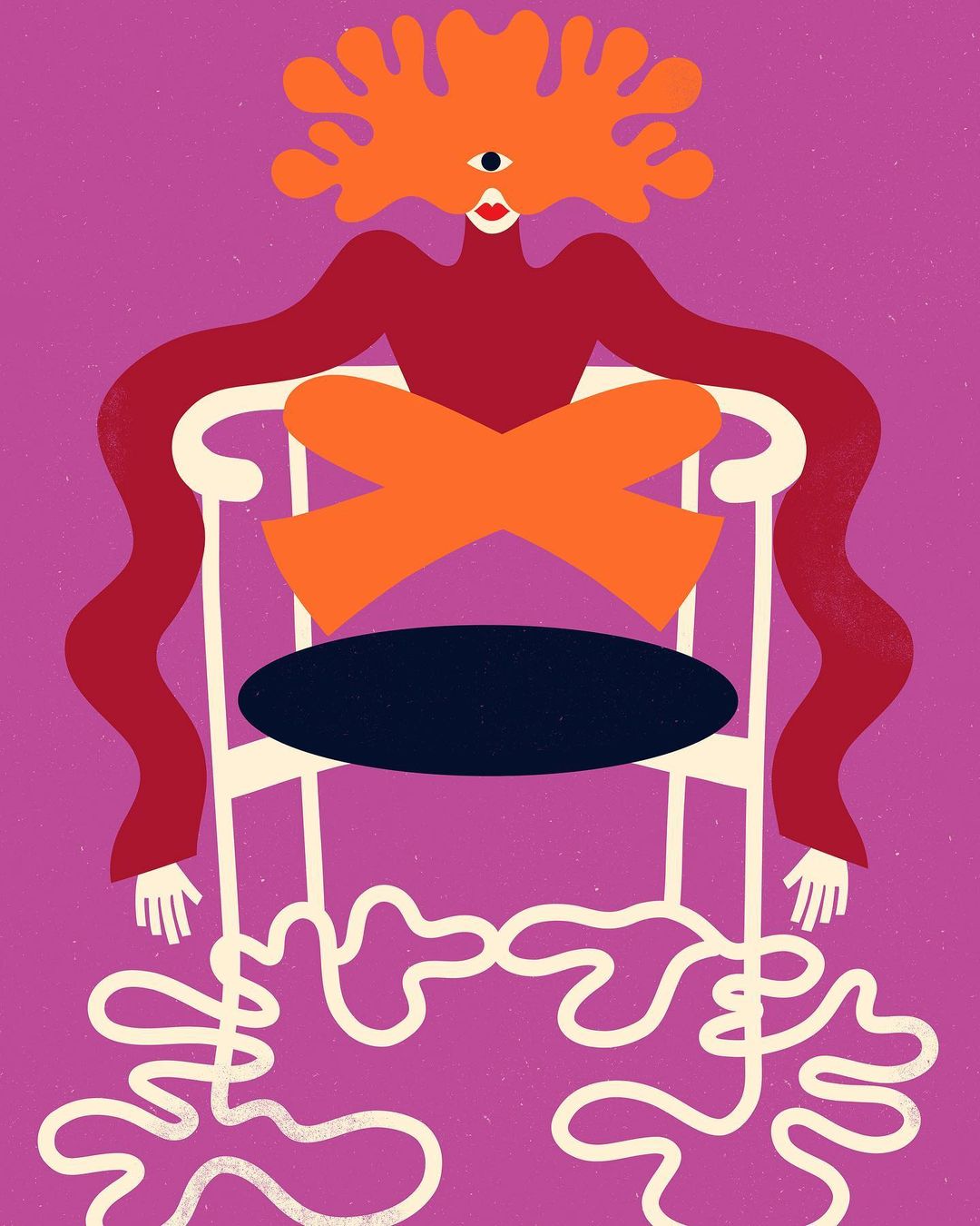 Abstract digital art of a person with a single eye sitting in a chair with flowing shapes against a pink background.