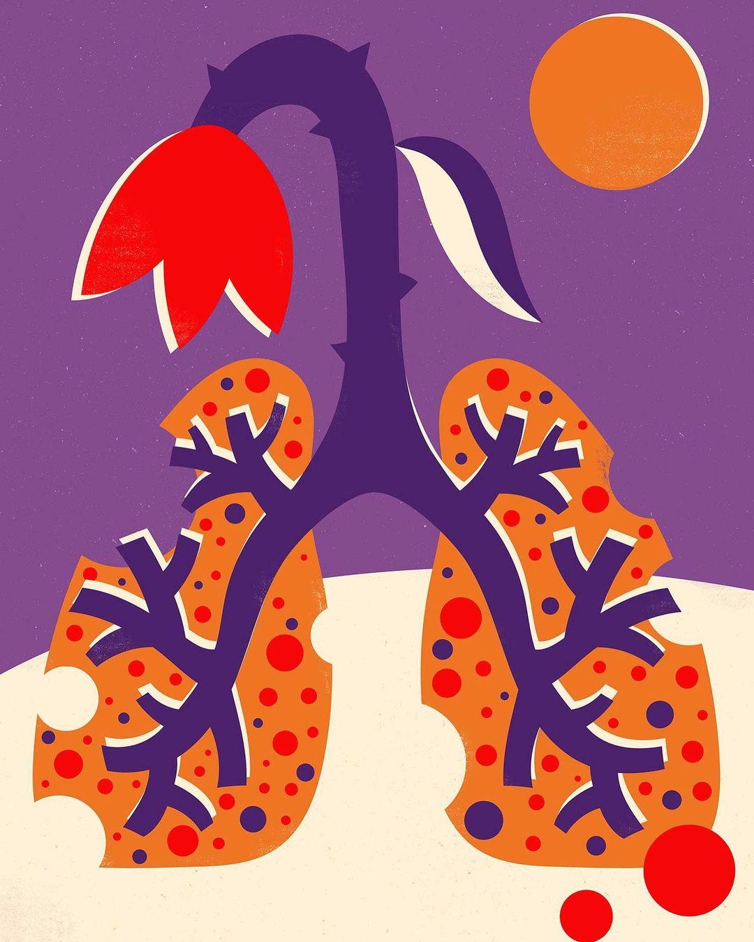 Abstract illustration of lungs formed by flower and stem, set against a purple background with an orange sun. The lung shapes are orange with red dots.