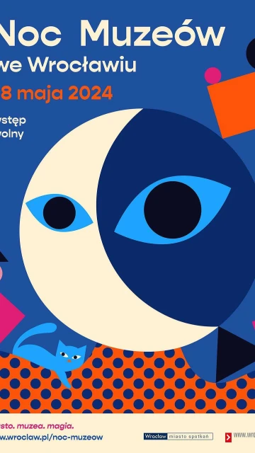 Promotional poster for Noc Muzeow, Night of Museums in Wroclaw on May 18, 2024, with a graphic moon, cat, and geometric shapes.