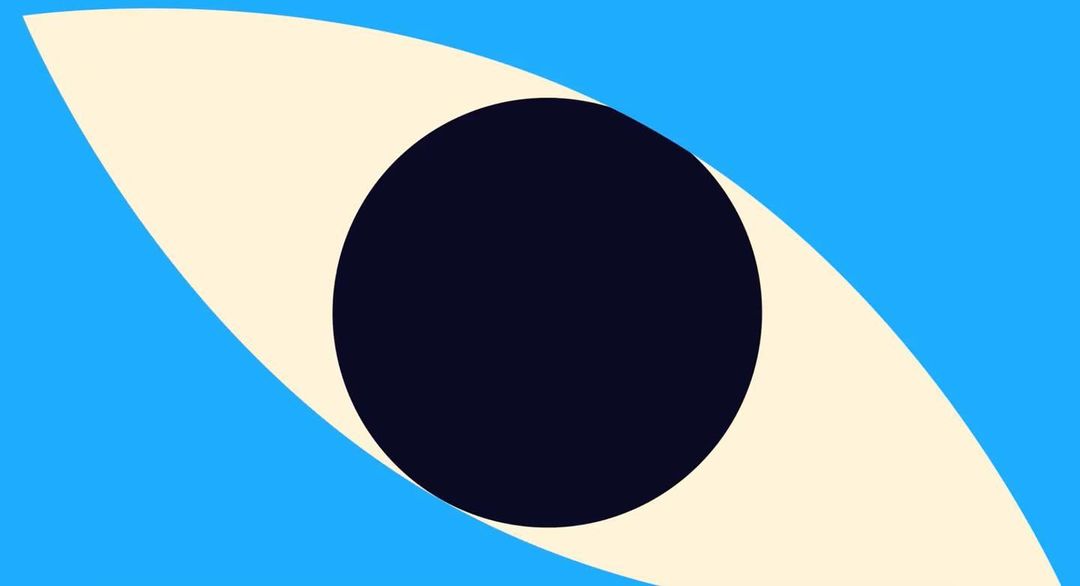 Abstract eye illustration featuring a graphic representation of an eye shape in cream, blue, and black colours on a blue background.