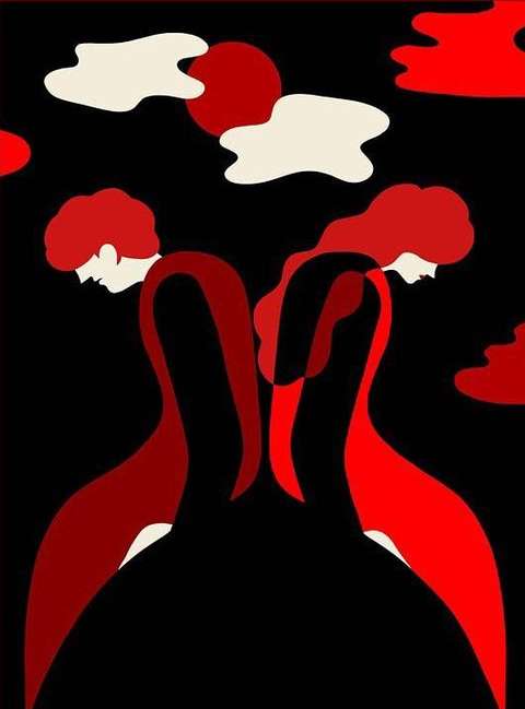 Abstract illustration features two figures in red and black, set against a dark sky with clouds and a red sun.