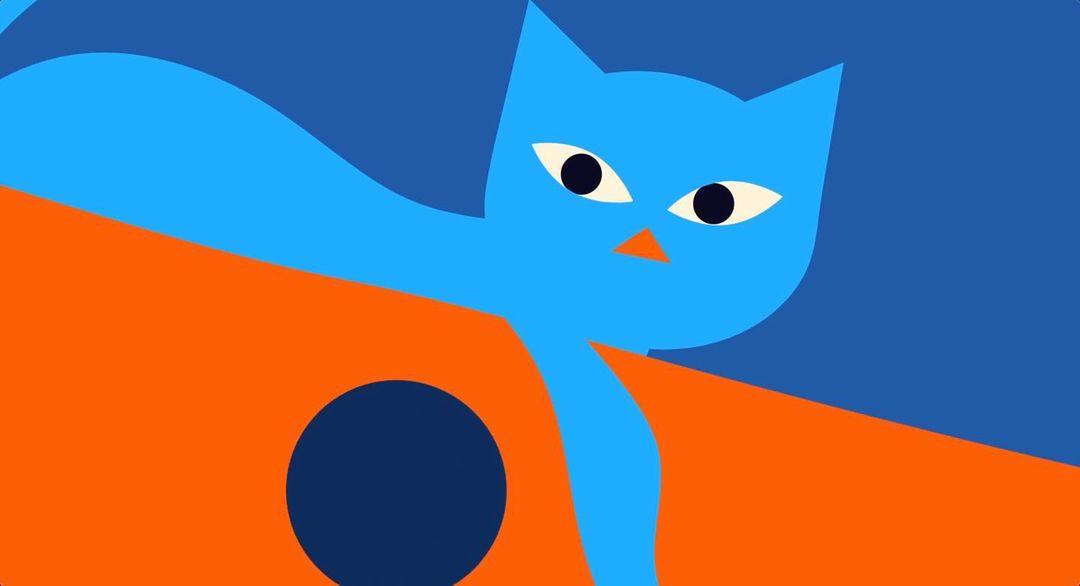 Abstract illustration of a blue cat with orange shapes on a dark blue background, presented in a modern, geometric style.