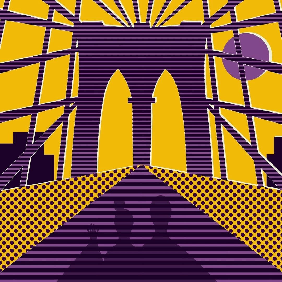Stylized illustration of a bridge with two silhouetted figures in the foreground, set against a bright yellow and purple color scheme.
